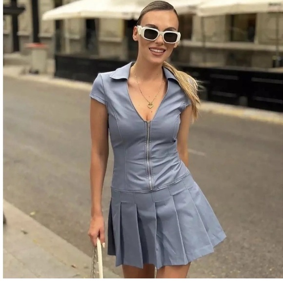 NWOT Zara Blue Pleated Mini Dress - Picture 4 of 10